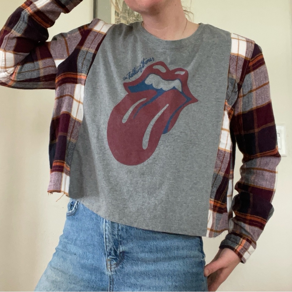 Upcycled and Reworked plaid cropped shirt with Rolling Stones graphic raw hem